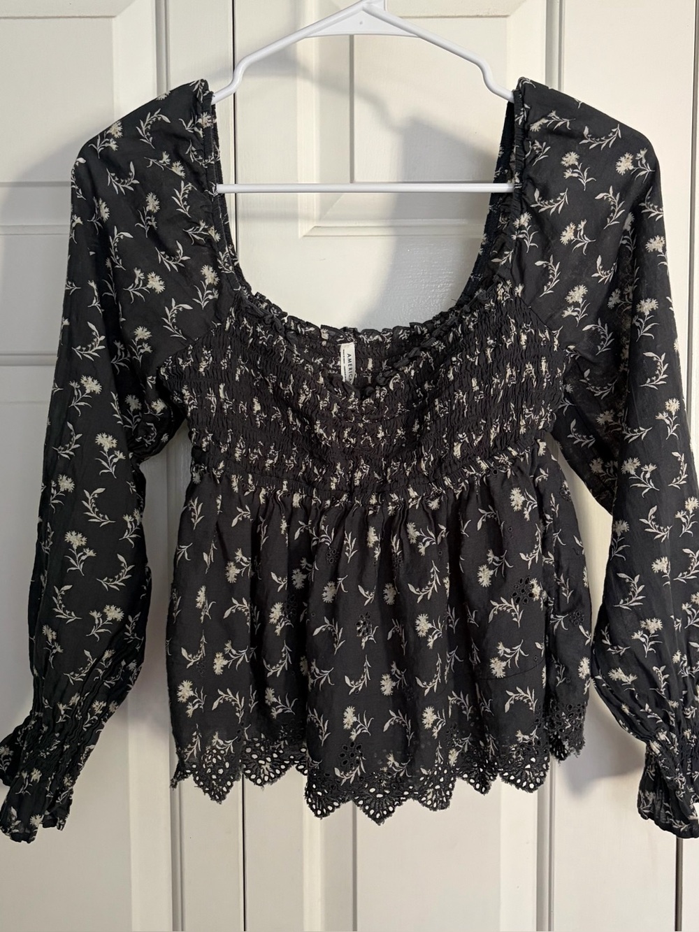 Smocked Black Floral Peasant Top American Eagle